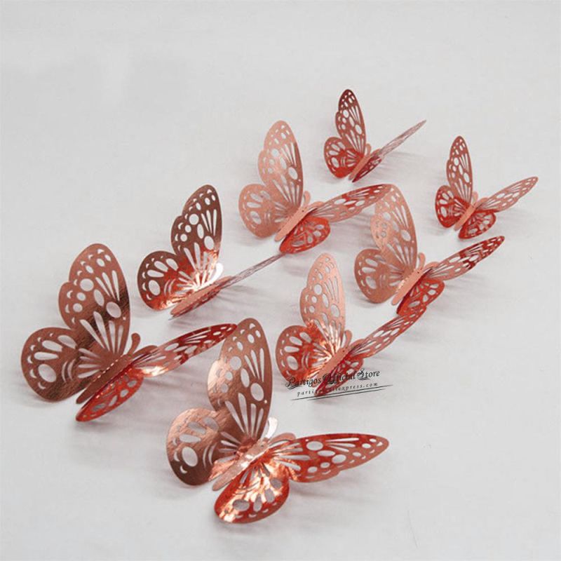 12PCS Wall Stickers Hollow Rose Gold/Golden/Silver Butterfly Wall Stickers