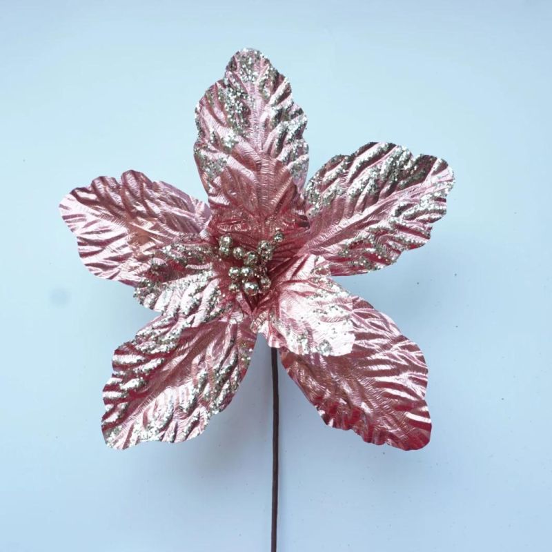 Pink Rose Golden Christmas Poinsettia Ornament Simulation Flannelette Christmas Flower DIY