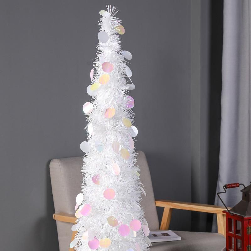 White Collapsible Pop up Christmas Trees for Home Decoration, Glittering Sparking Decorative Tinsel Tree W/Stand