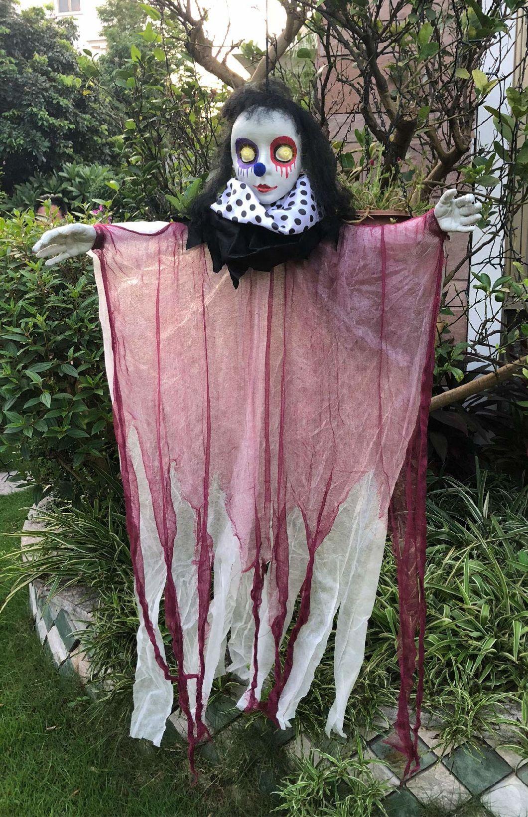 Halloween Decorations Hanging Ghost, 45 Inch Animated Clown Skeleton with Red Glowing Eyes and Voice Activated, Scary Circus Clown Props