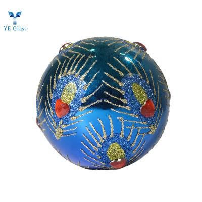 Custimized blue Round with Peacock Feather Pattern Glass Ornament Balls