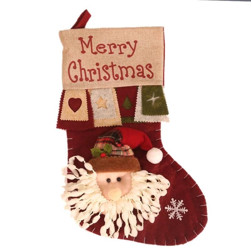 Cross-Border New Christmas Decorations Linen Printing Creative Cartoon Three-Dimensional Santa Stockings Gift Bags Linen Socks