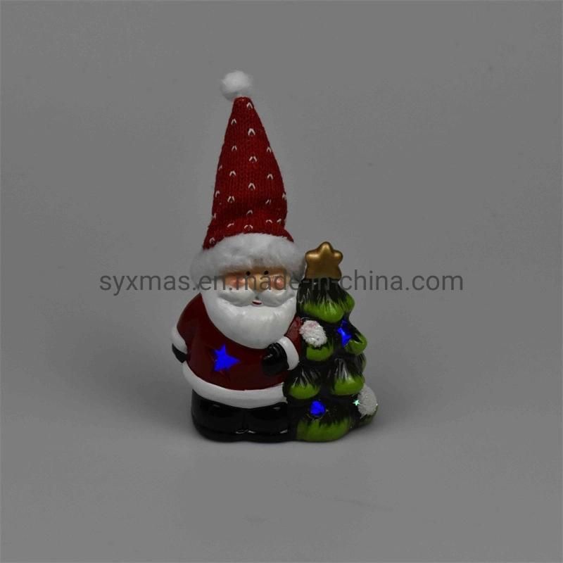 High Quality New Design Christmas Ceramic Waving Santa Decorative Xmas Ceramic Ornaments LED Lighted Ceramic Figures