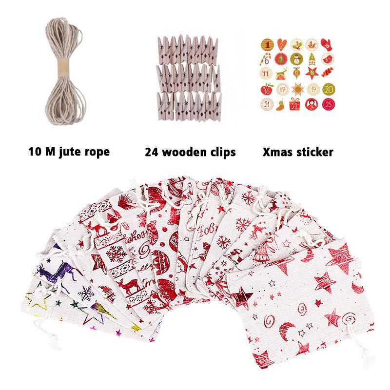 Christmas Decorations Candy Drawstring Cotton Gift Bag Advent Calendar Countdown 24 PCS Sets