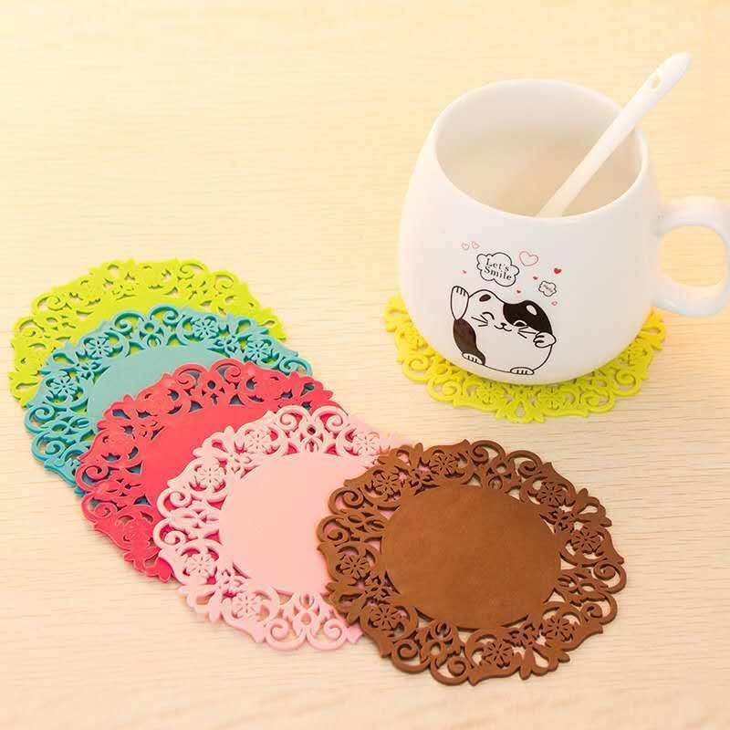 Silicone Table Heat Resistant Mat Cup Coffee Coaster Colorful Lace Flower Hollow Design Round Cushion Placemat Pad