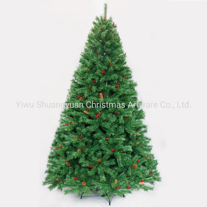 2020 New Design 210cm Green PVC Metal Hinged Tree with Pine Cone Red Berry