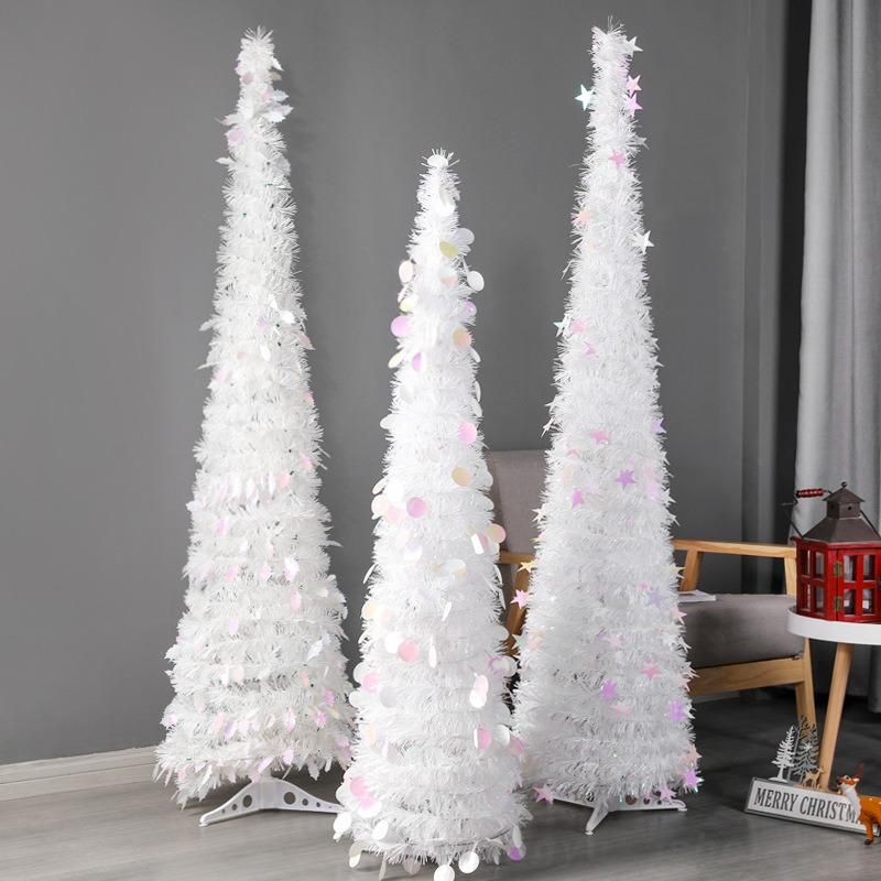 White Collapsible Pop up Christmas Trees for Home Decoration, Glittering Sparking Decorative Tinsel Tree W/Stand