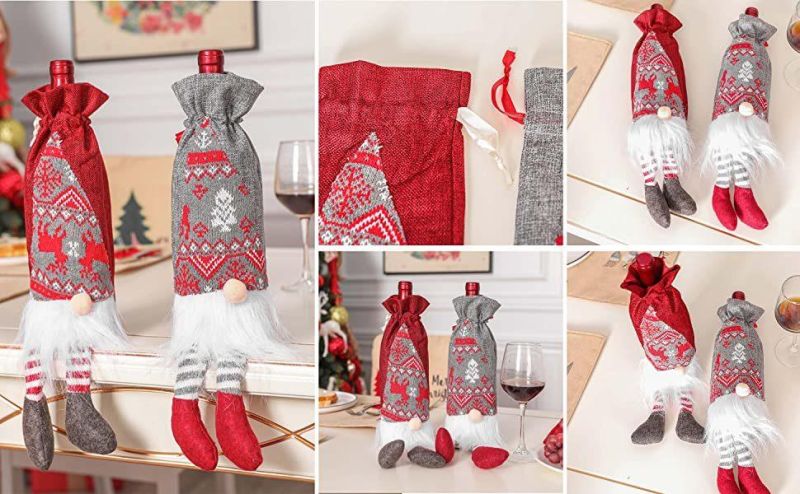 3PC Chirstmas Gnome Wine Bottle Covers Wine Bottle Sweater Dress for Christmas Holiday Party Table Decorations