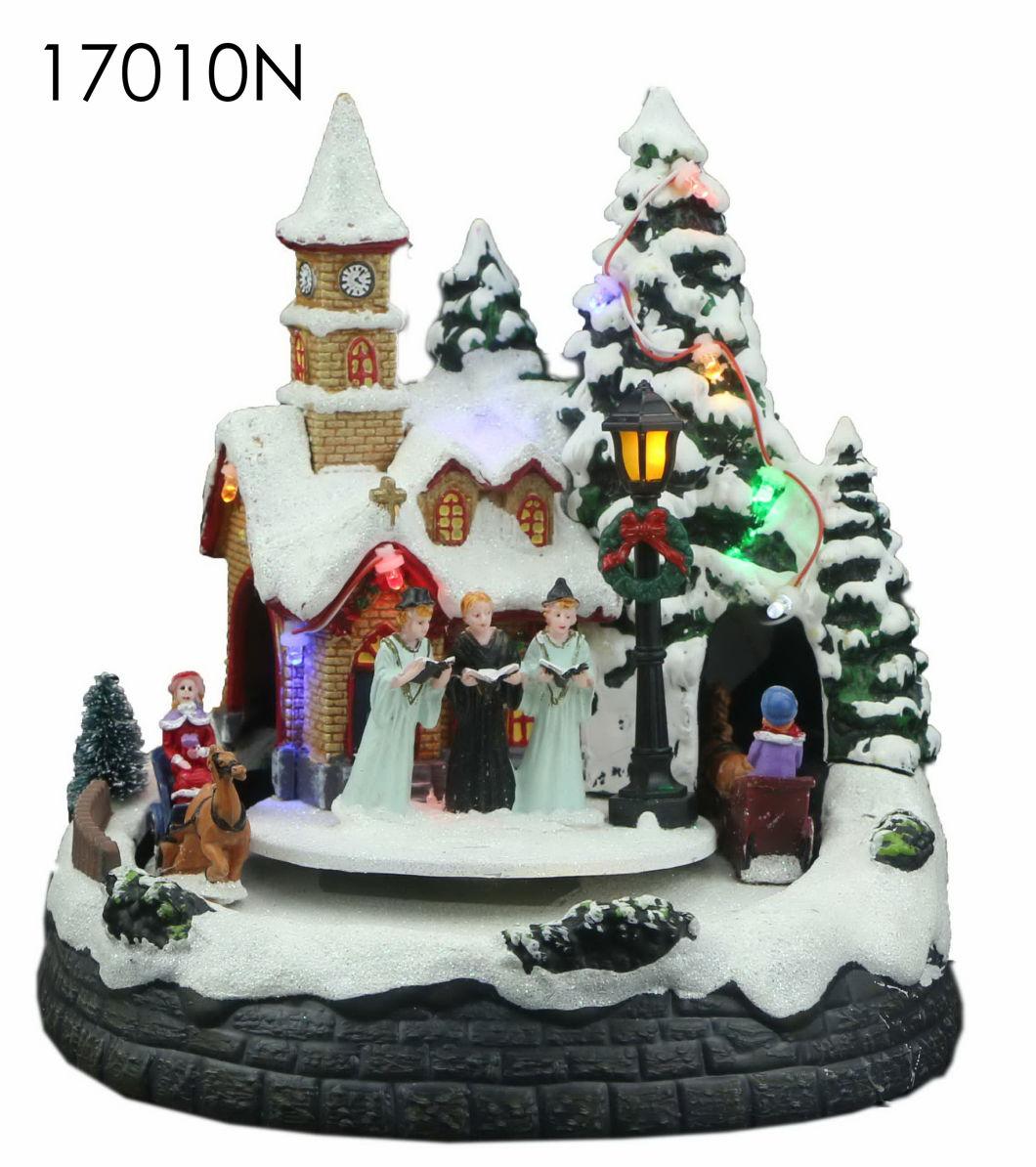 New Arrival Christmas Village House with LED Lights with Running Water Wheel with Snowman Rotation Function with Music