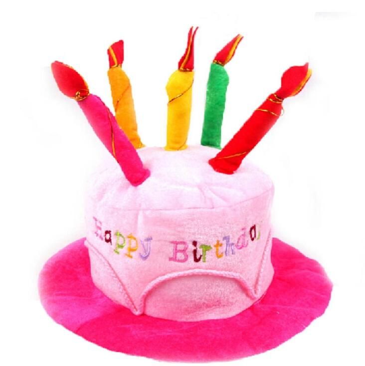 Happy Birthday Plush Cake Hats with Candles Pink or Blue Novelty Party Hat