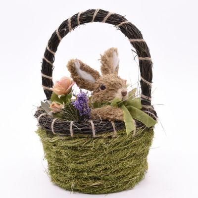 Best Seller Factoty Customized Handcraft Grass Home Table Standing Straw Rabbit Easter Bunny Basket Decoration