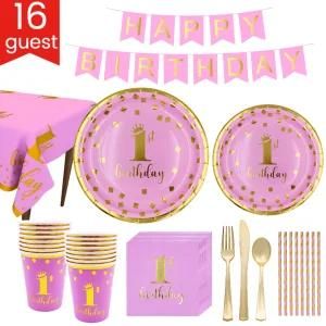 Bronzing Disposable Tableware for Girl 1st Baby Shower Girl Party Supplies