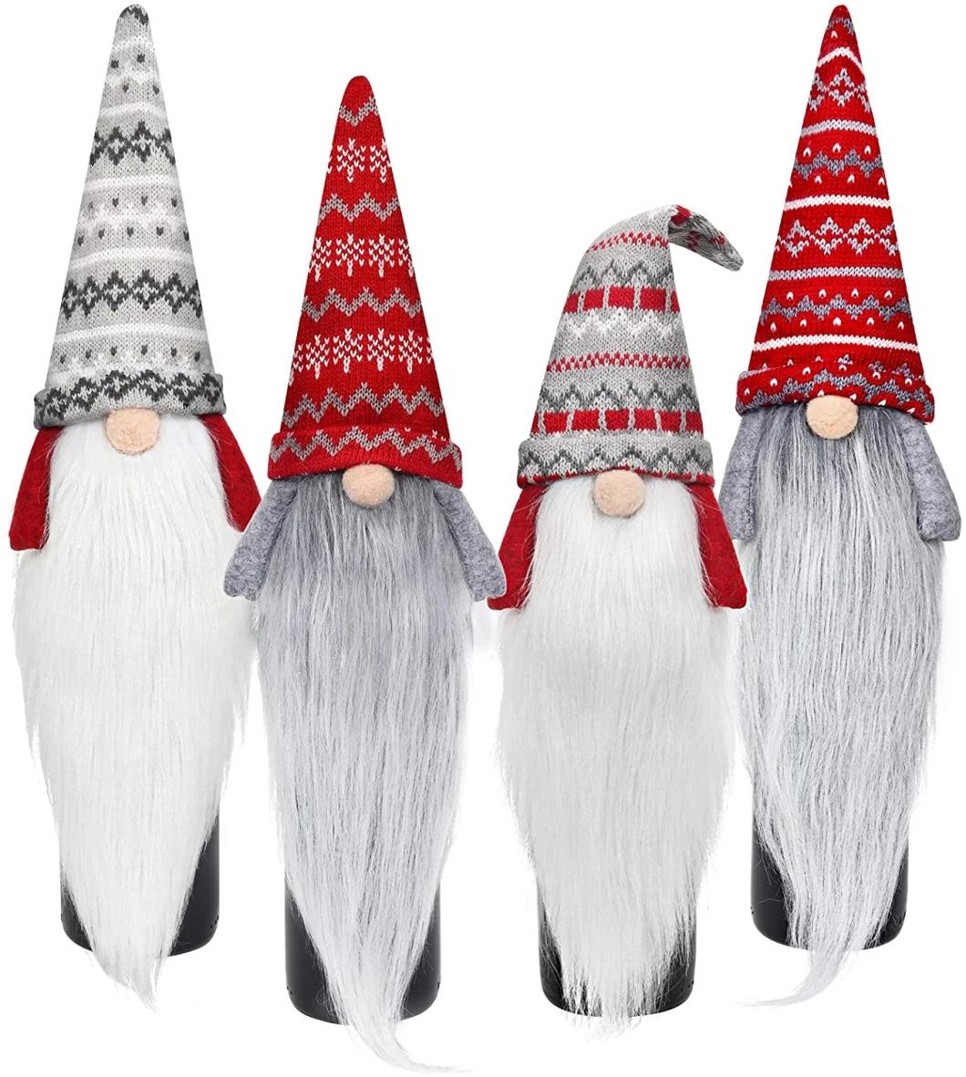 Holiday/Christmas Wine Bottle Cover, Set of 7: Checkers & Herringbone Decors with Faux Fur Collar; Santa Clause, Snowman & Reindeer Drawstring Bags; Bottle