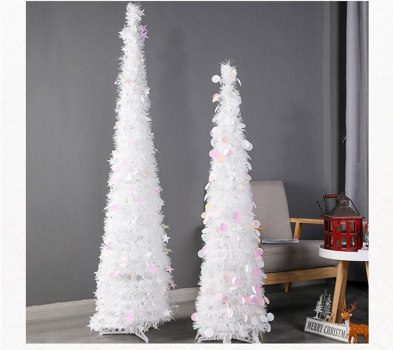 White Collapsible Pop up Christmas Trees for Home Decoration, Glittering Sparking Decorative Tinsel Tree W/Stand