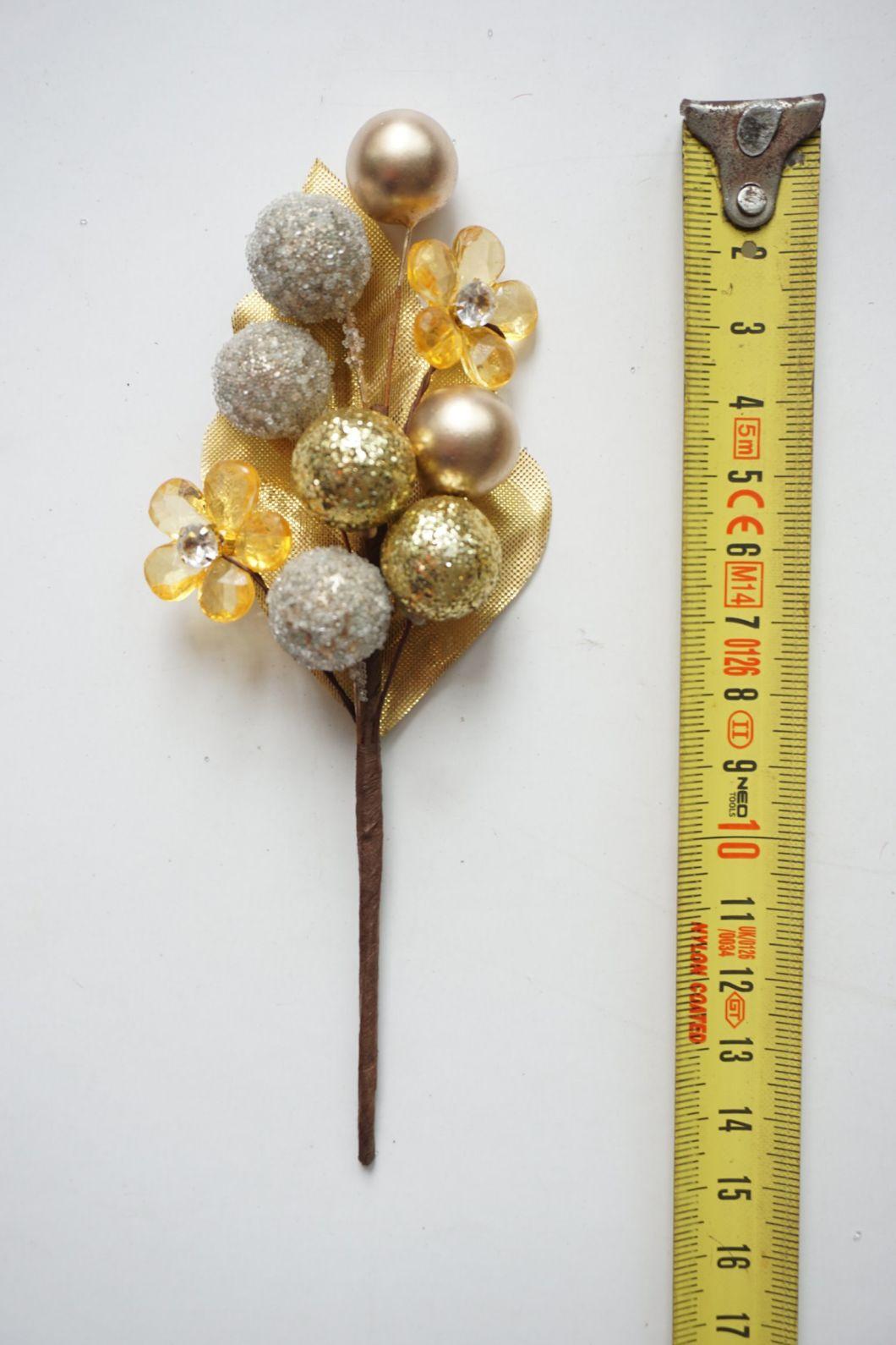 High Quality Golden Artificial Christmas Glitters Pine and Berry Fruits Branch Red Berries Picks for Xmas Decoration