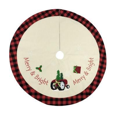 48 Inches Christmas Tree Skirt Burlap with Buffalo Check Trim Rustic Truck and Tree Applique Xmas Ornaments Decoration Home Decoration