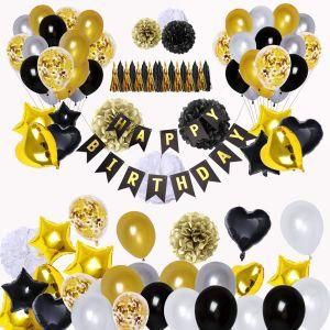 99PCS Black Gold Birthday Balloon Tassel Banner POM POM Set
