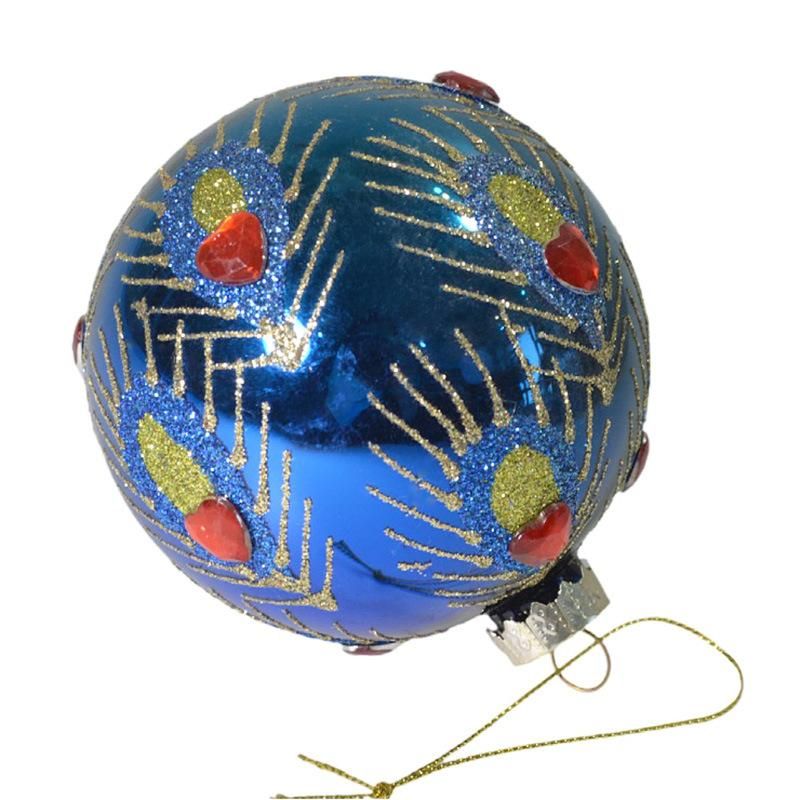 Custimized blue Round with Peacock Feather Pattern Glass Ornament Balls