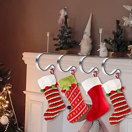 Silver Christmas Stocking Holders for Mantle, Adjustable Metal Stocking Hangers, Widely Used and Safe Stocking Hooks Set of 6