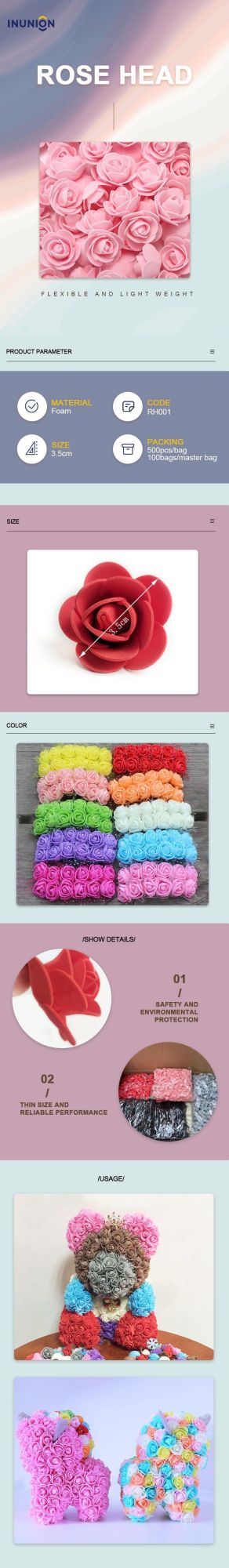 Hot Selling Foam Flower Fose 3.5cm PE Artificial Foam Rose Flower Head for Rose Bear Artificial Flower