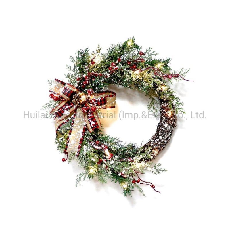 14 Inch Rattan Wreaths White Berry Circle Decor Wicker Wreaths with LED Light