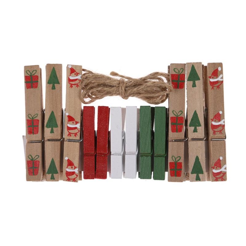 2021 Christmas Wooden Pegs Paper Photo Clip with Linen String