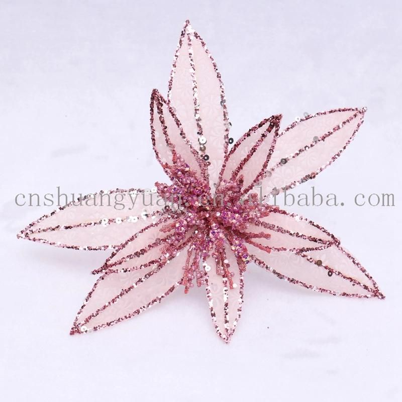 New Design Christmas Shiny Flower Leaf for Holiday Wedding Party Decoration Supplies Hook Ornament Craft Gifts