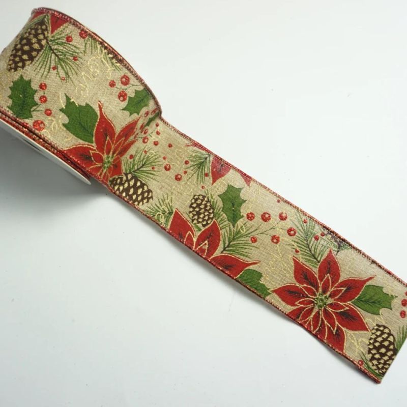 Handmade Design Printed Christmas Ribbon Cotton Ribbon for Sewing Fabric Christmas Decoration DIY Gift Wrapping Poinsettia