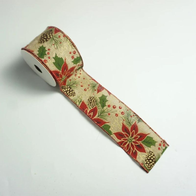 Handmade Design Printed Christmas Ribbon Cotton Ribbon for Sewing Fabric Christmas Decoration DIY Gift Wrapping Poinsettia