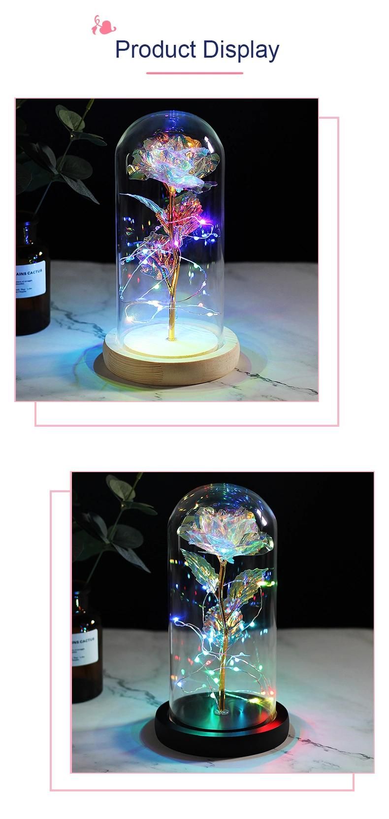 Hot Sale 24K Gold Rose Preserved Galaxy Rose in Glass Dome Wooden Base Valentine′s Gift Enchanted LED Light Rose in Glass