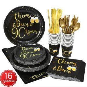 Black Gold Party Disposable Tableware Set 90th Birthday Party Table Decoration