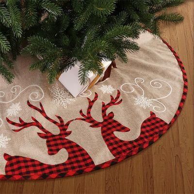 2020 Amazon Hot Linen Christmas Tree Skirt Plaid Double Deer Christmas Tree Bottom Decoration Christmas Tree Skirt