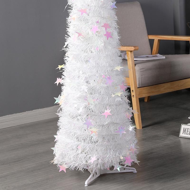 White Collapsible Pop up Christmas Trees for Home Decoration, Glittering Sparking Decorative Tinsel Tree W/Stand