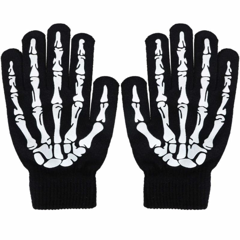 Simplicity Unisex Full Finger Skeleton Pattern Glow in The Dark Knit Gloves Halloween Decoration