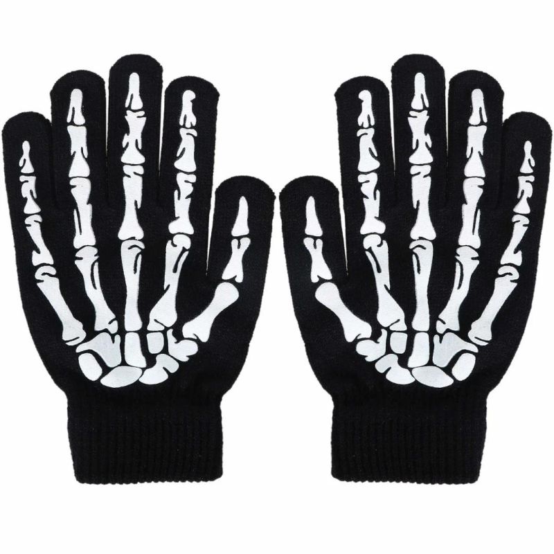 Simplicity Unisex Full Finger Skeleton Pattern Glow in The Dark Knit Gloves Halloween Decoration