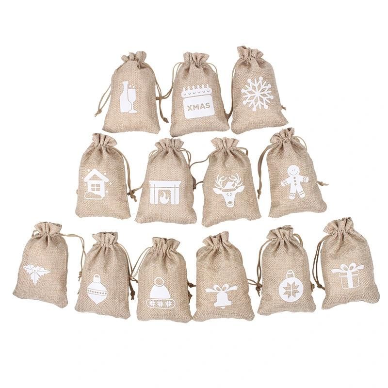 Christmas Linen Bags with Drawstrings Christmas Burlap Goody Gift Bags with Double Jute Drawstrings, Snowman, Santa Claus, Penguin and Elk
