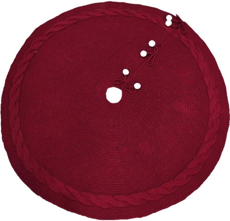 Wholesale Xmas Tree Decoration Round Cotton Wine Red Knitted Christmas Tree Skirt