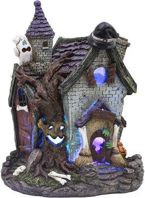 Pre-Lit Halloween House Statue with Witch&rsquor; S Hat Pumpkin for Halloween Decorations, Hand Painted Waterproof Haunted Church