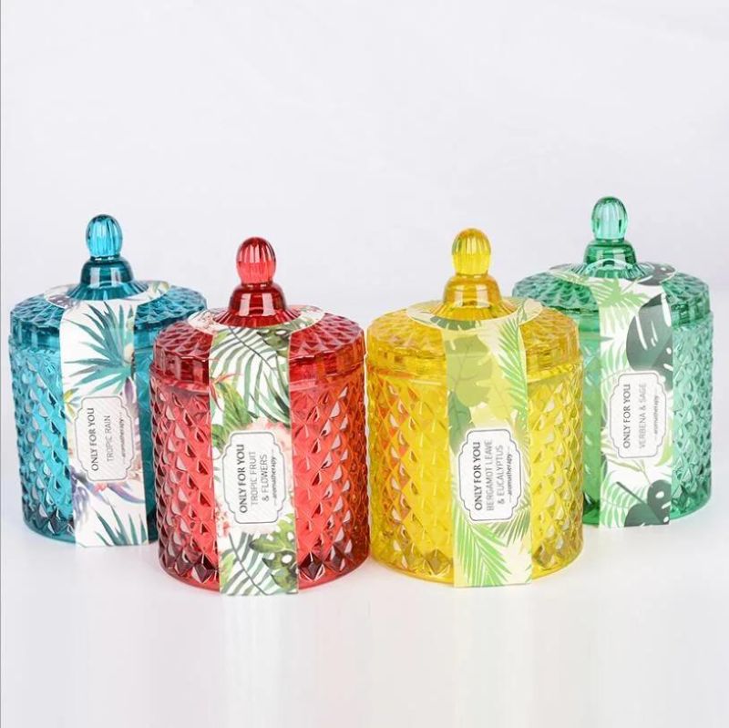 Hot Sale Clear Red Yellow Green Blue Glass Candle Jars Candy Jar with Lid
