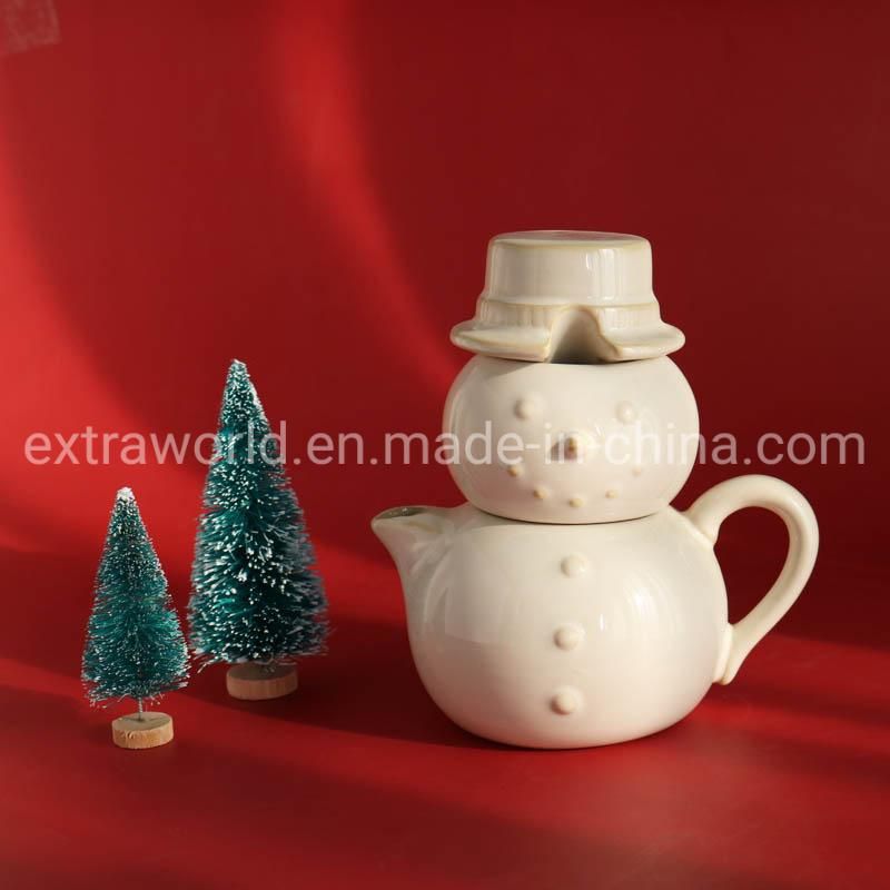 White Hand Made Engraving Ceramic Teapot Christmas Snowman Mug