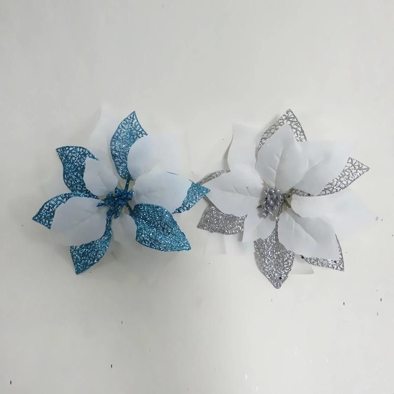 Hot Selling White Cotton Artificial Christmas Flowers Poinsettia for Decoration Xmas Ornament