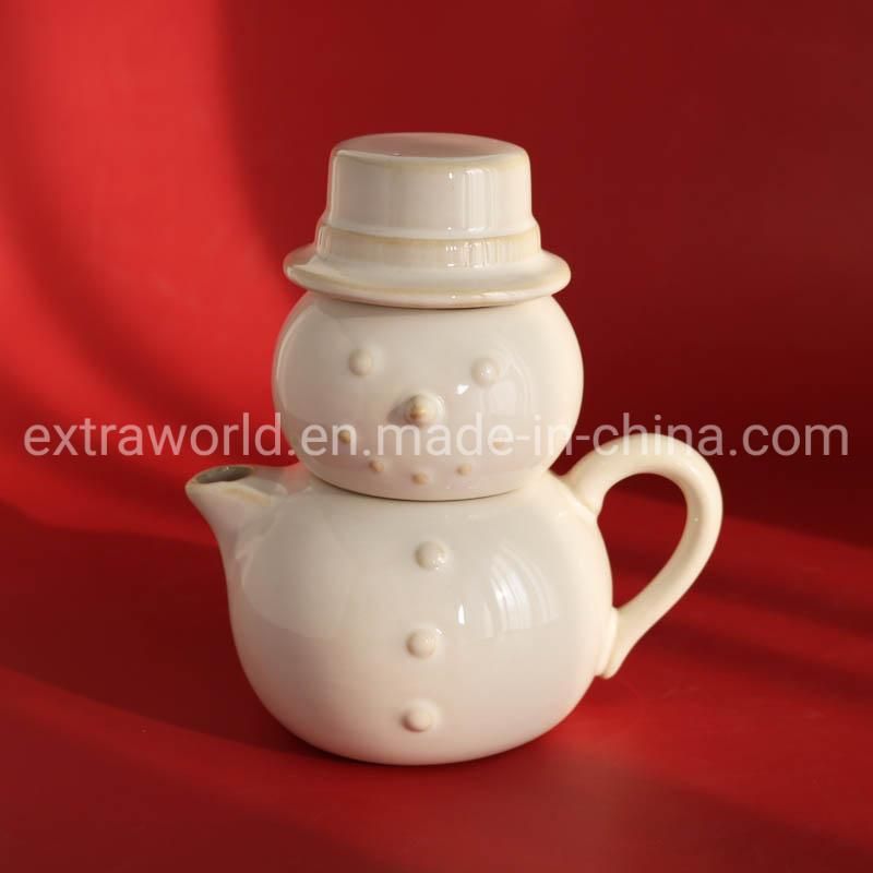 White Hand Made Engraving Ceramic Teapot Christmas Snowman Mug