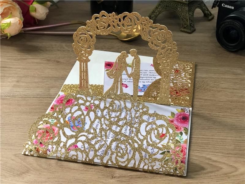 Glitter Laser Cut 3D Handmade Pop up Wedding Invitation Card