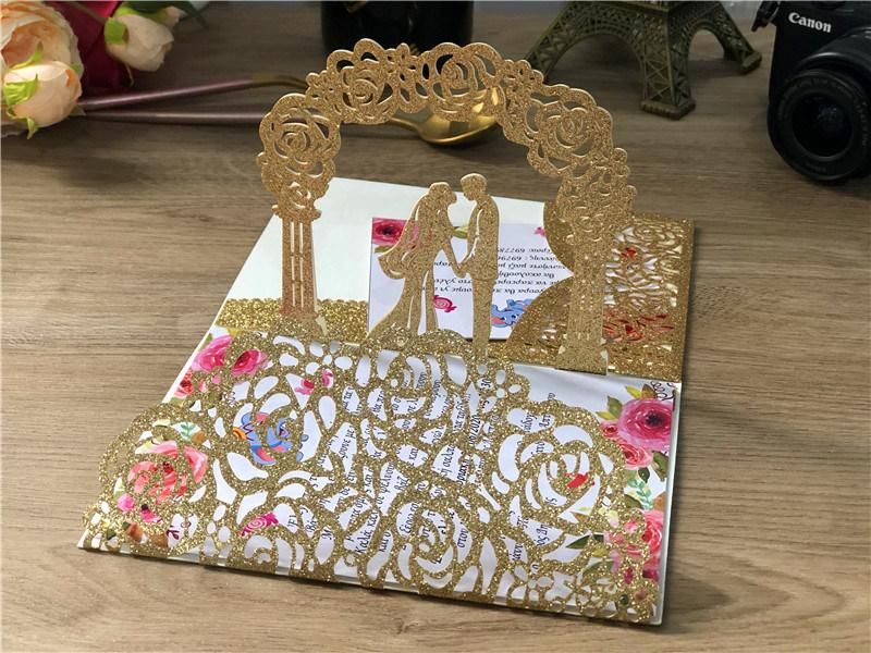 Glitter Laser Cut 3D Handmade Pop up Wedding Invitation Card