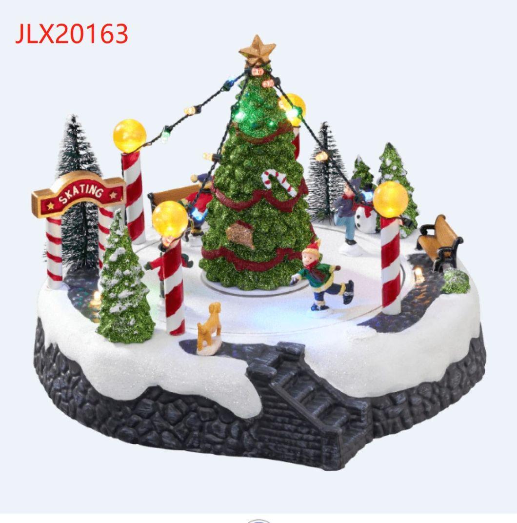 Polyresin Holiday Decor Fiber Optic Reindeer Sleigh Scene LED Illuminated Musical Christmas Village Houses Decoration with 8 Xmas Songs