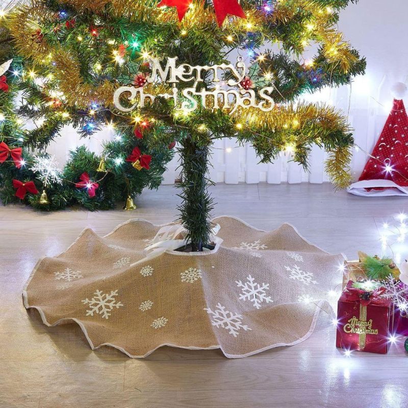 Burlap Tree Skirt 48 Inch Round Hot Sale New Year Decoration Linen Christmas Tree Skirt with Snowflake