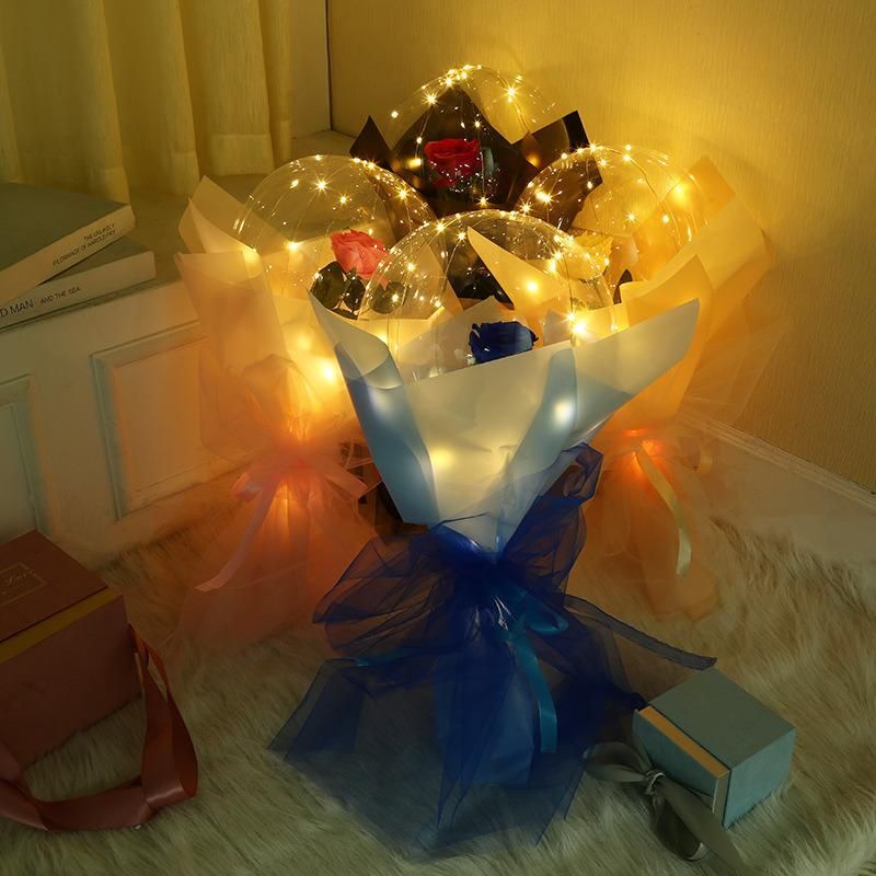 LED Light Transparent Balloon with Rose Flower Bouquet LED Luminous Bobo Balloon