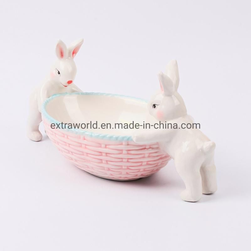 Attractive Newest Design Easter Bowl Ceramic Porcelain Egg Shape Bowl with Rabbit