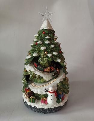Polyresin Gift Musical Revolving Christmas Tree with Snowman, Gifts and Christmas Music Playing