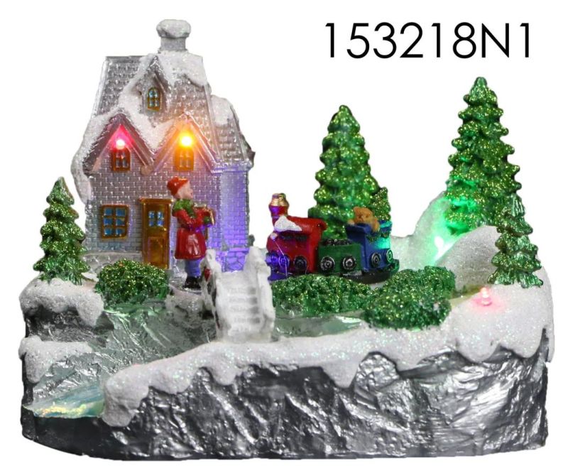 New Design Christmas Wooden House with LED Lights and Snowman, Children Around The Christmas Tree Decoration Rotation Function